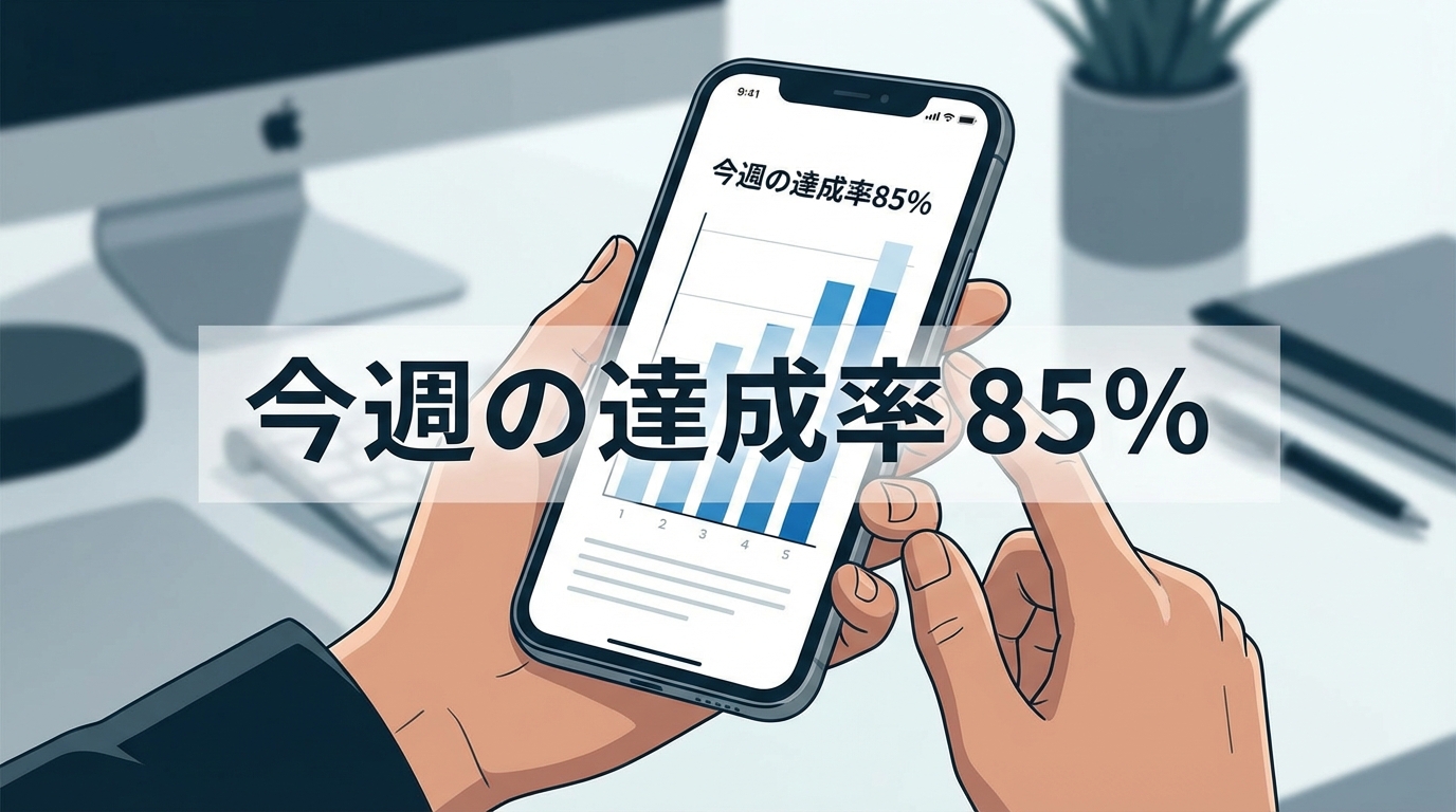 スマートフォン画面：進捗グラフ表示。棒グラフで週別の達成率が可視化され「今週の達成率85%」のテキスト表示