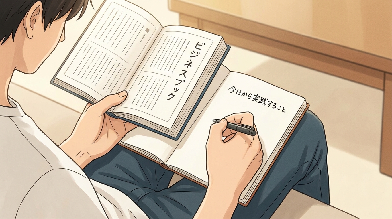 ビジネス書を手に持ち、開いたノートに「今日から実践すること」とペンでメモを取っている様子