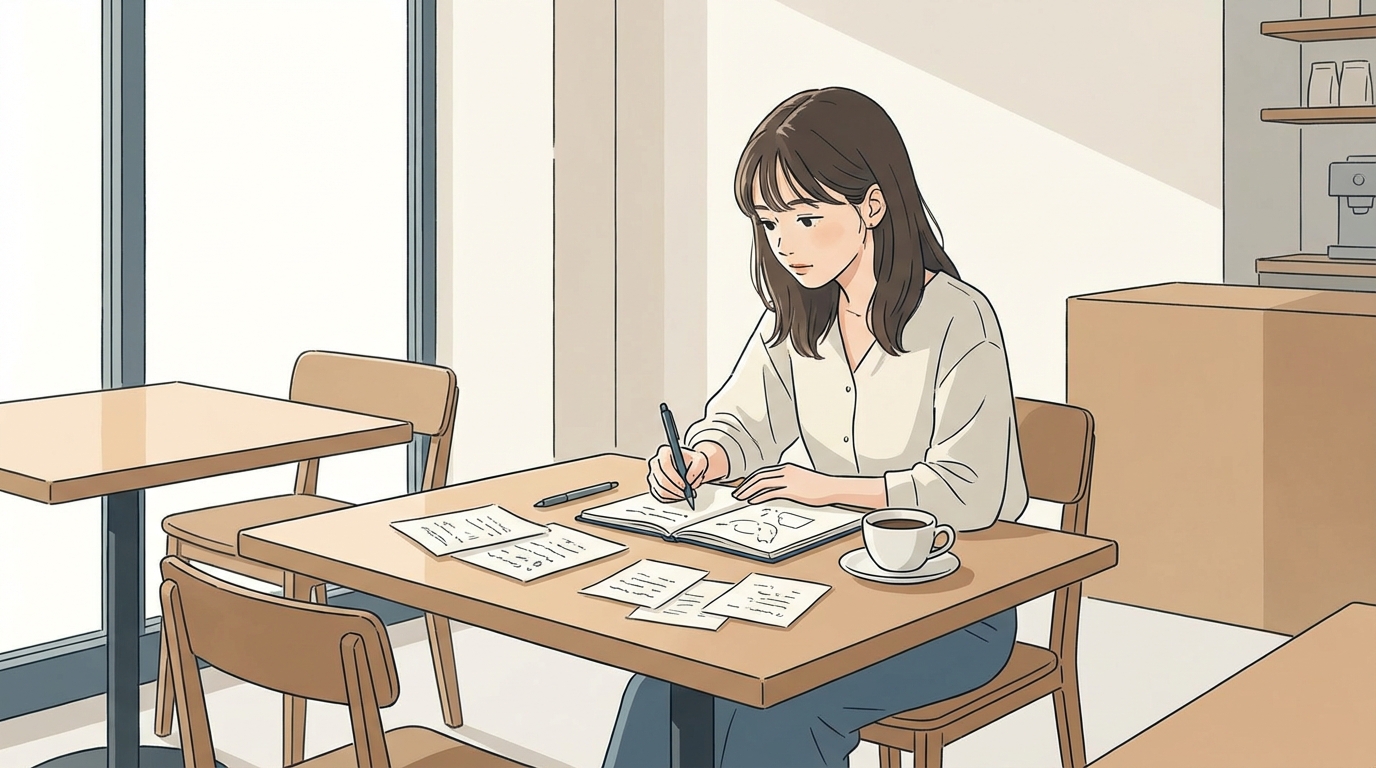 ノートとペンを持ち思考を整理している若い女性