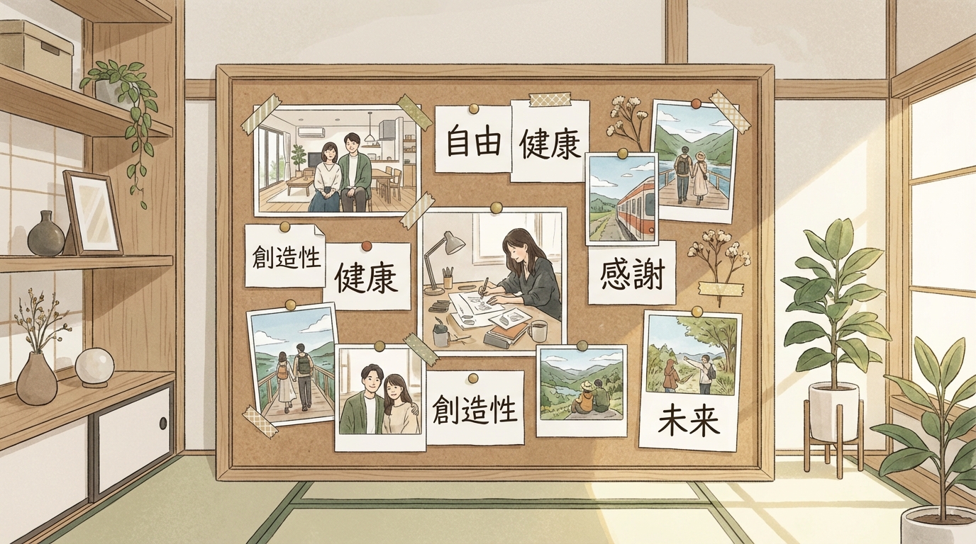 コルクボードに写真や言葉を貼ったビジョンボードの例