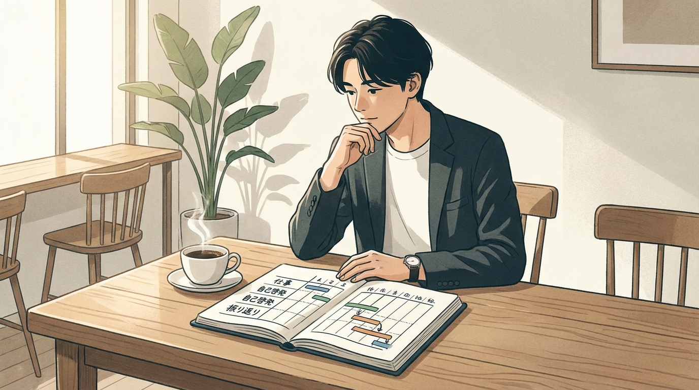 週末にノートとコーヒーを前に振り返りをしている様子