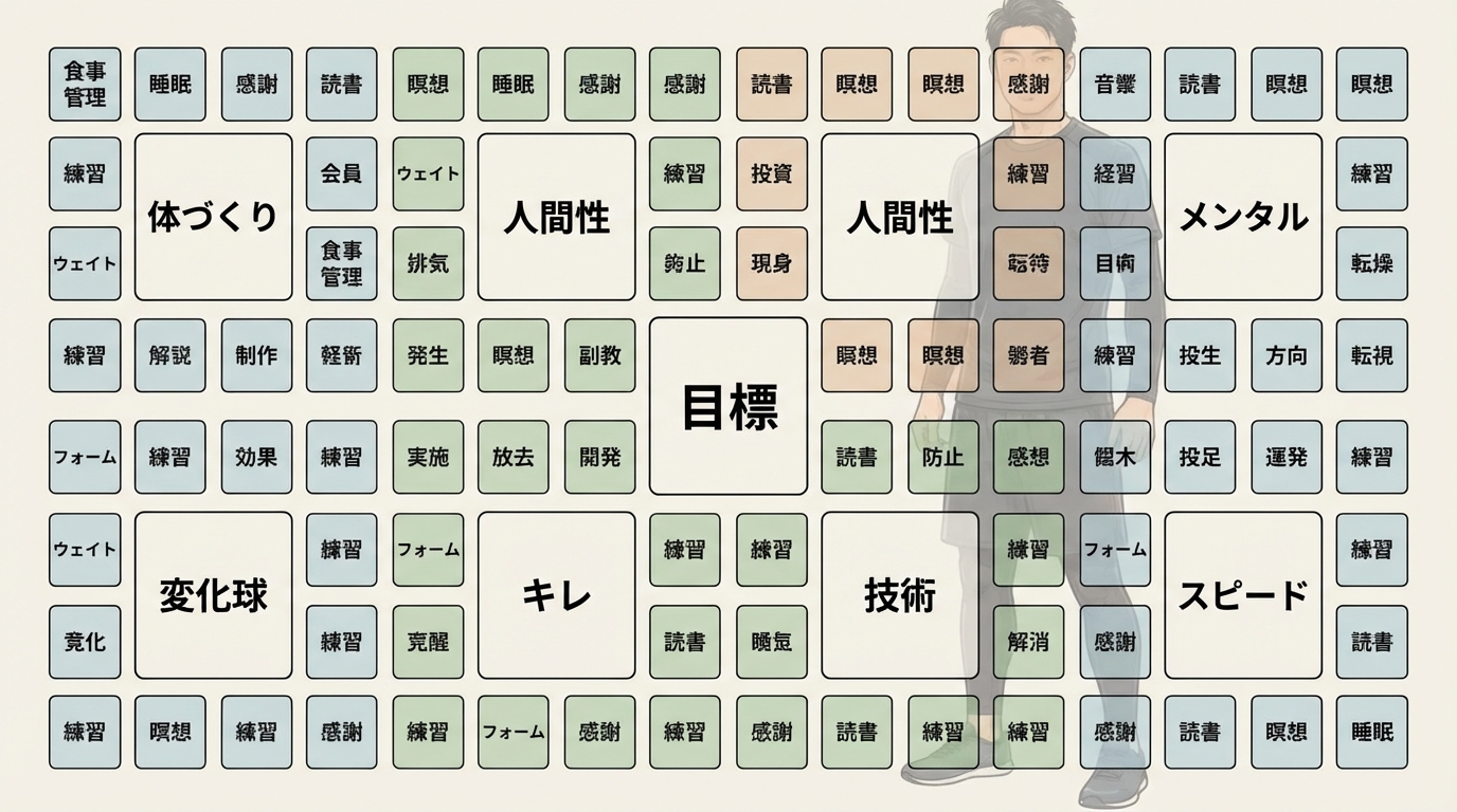 マンダラチャート構造図：中央に「目標」、その周りに8つの要素、さらに外側に64個の具体的行動が配置された81マスの図解