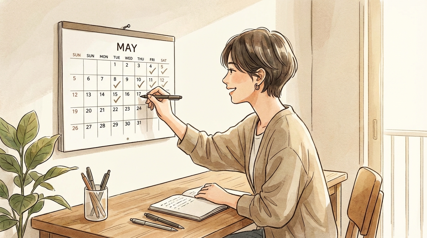 カレンダーにチェックマークをつけている様子