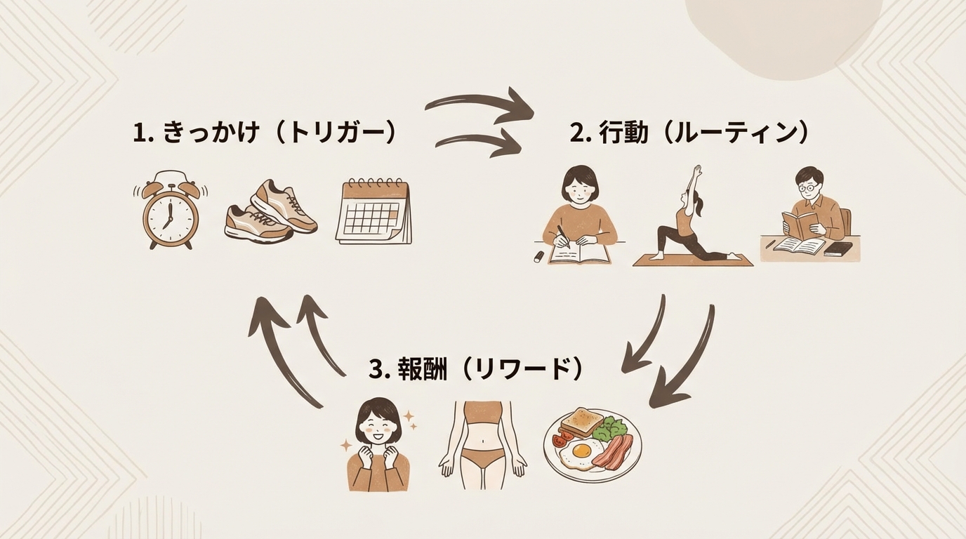 インフォグラフィック：「ハビットループ」1.きっかけ（トリガー） 2.行動（ルーティン） 3.報酬（リワード）が円形に循環する図解