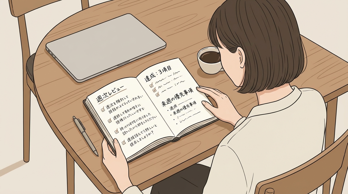 手帳を開いて振り返りをしている様子。見開きページに「週次レビュー」「達成：3項目」「来週の優先事項」の手書きメモ