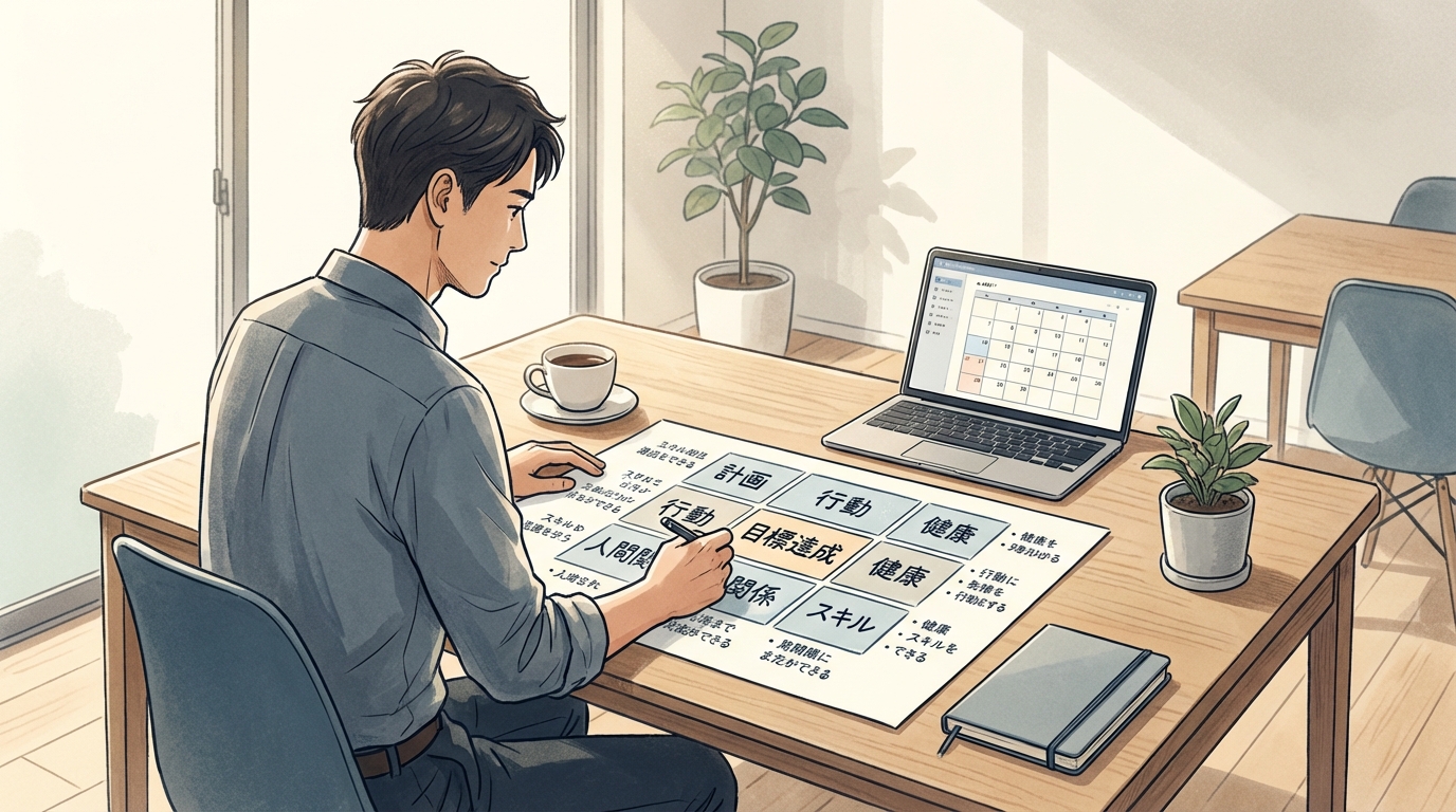 オフィスのデスクでマンダラチャートを見ながら仕事の計画を立てているビジネスパーソンの姿