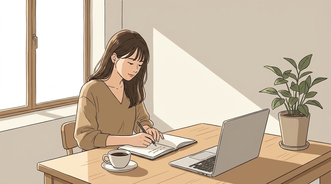 ノートに振り返りを書いている様子