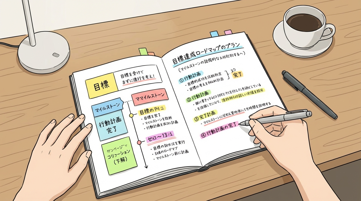 イメージ:ノートに目標達成ロードマップを書き込んでいる手元、付箋やマーカーで色分けされた計画表