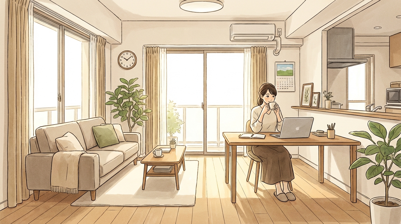 仕事場と生活空間が一体化した部屋の様子