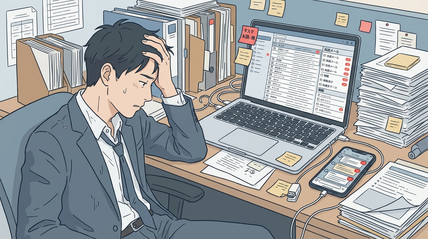 イラスト：デスクに山積みの書類とPC、スマートフォンの通知に囲まれ頭を抱えるビジネスパーソン