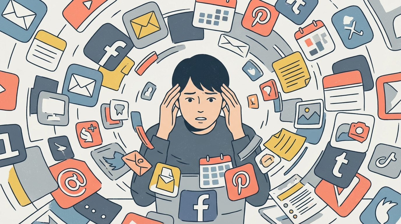 複数のアプリアイコンが散らばって混乱しているイメージ図