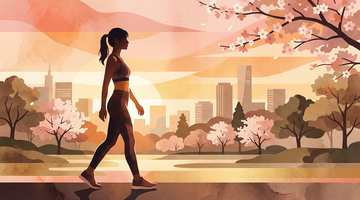 朝日を浴びながら散歩する女性のシルエット