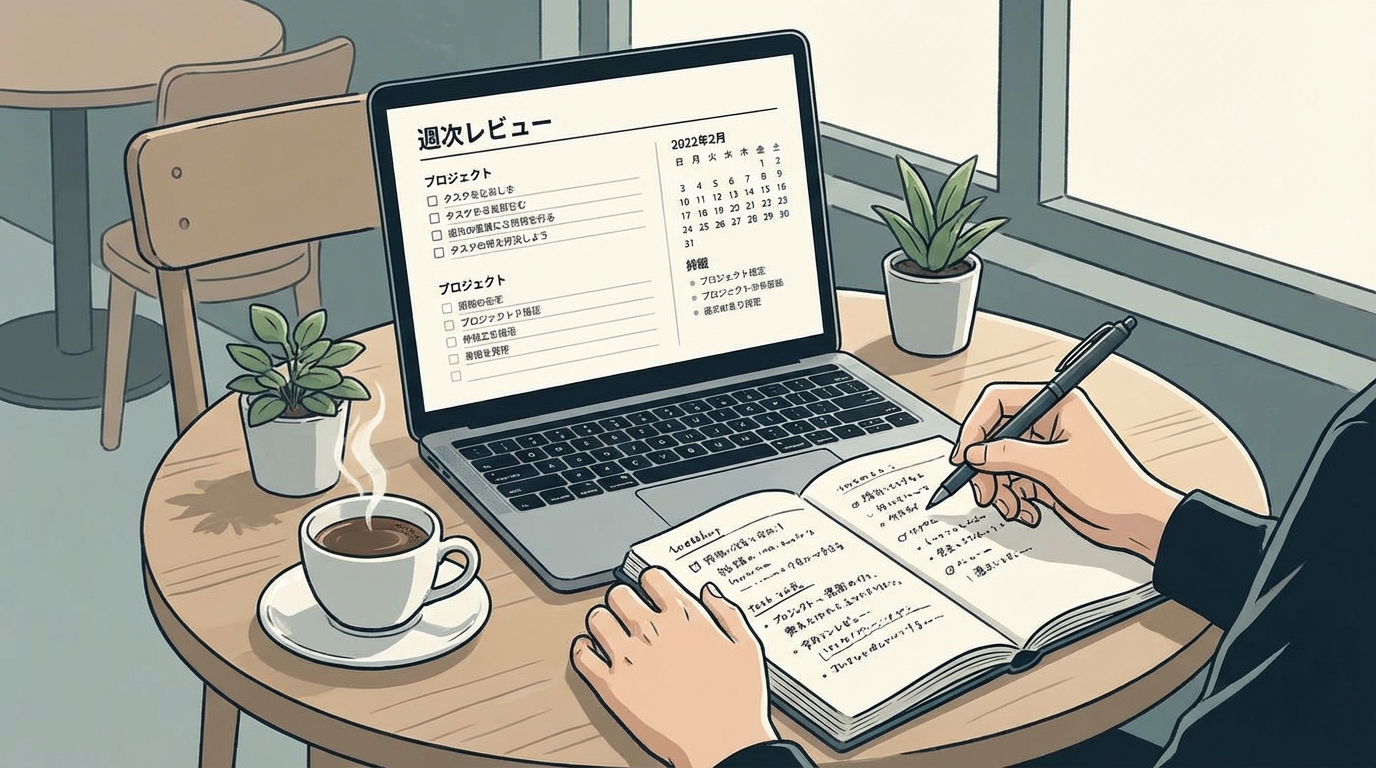 写真イメージ：カフェのテーブルでノートPCを開き、コーヒーを傍らに週次レビューを行う人物の手元