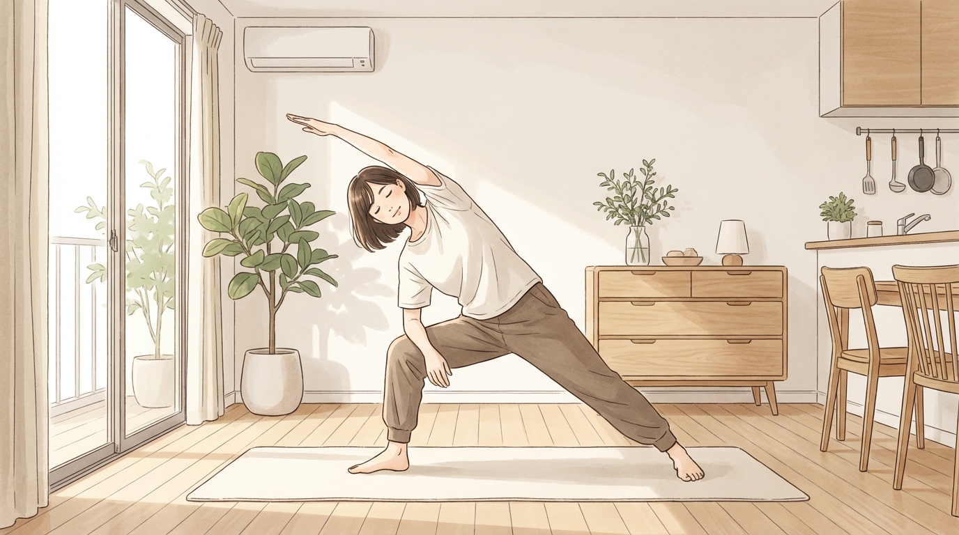 自宅でストレッチをしている様子