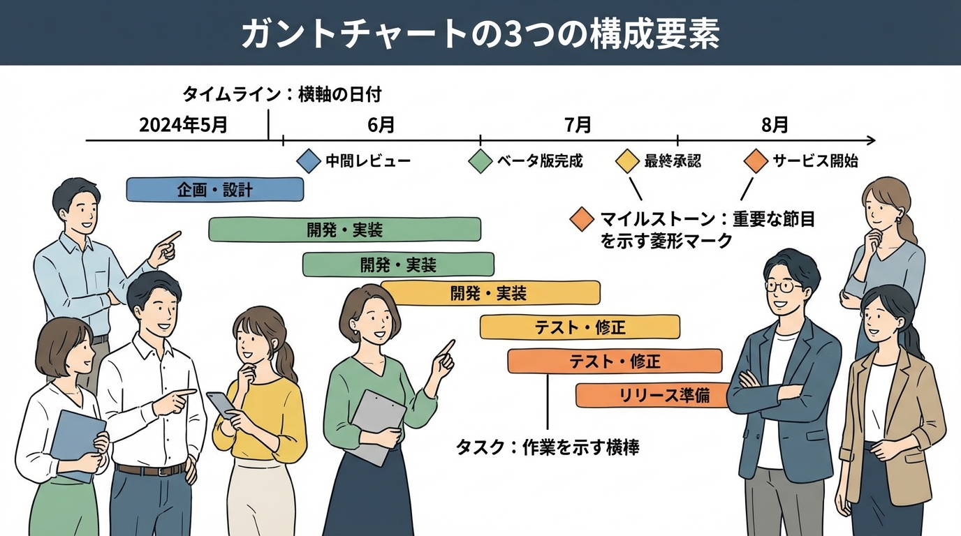 インフォグラフィック：ガントチャートの3つの構成要素 - 「タイムライン：横軸の日付」「タスク：作業を示す横棒」「マイルストーン：重要な節目を示す菱形マーク」