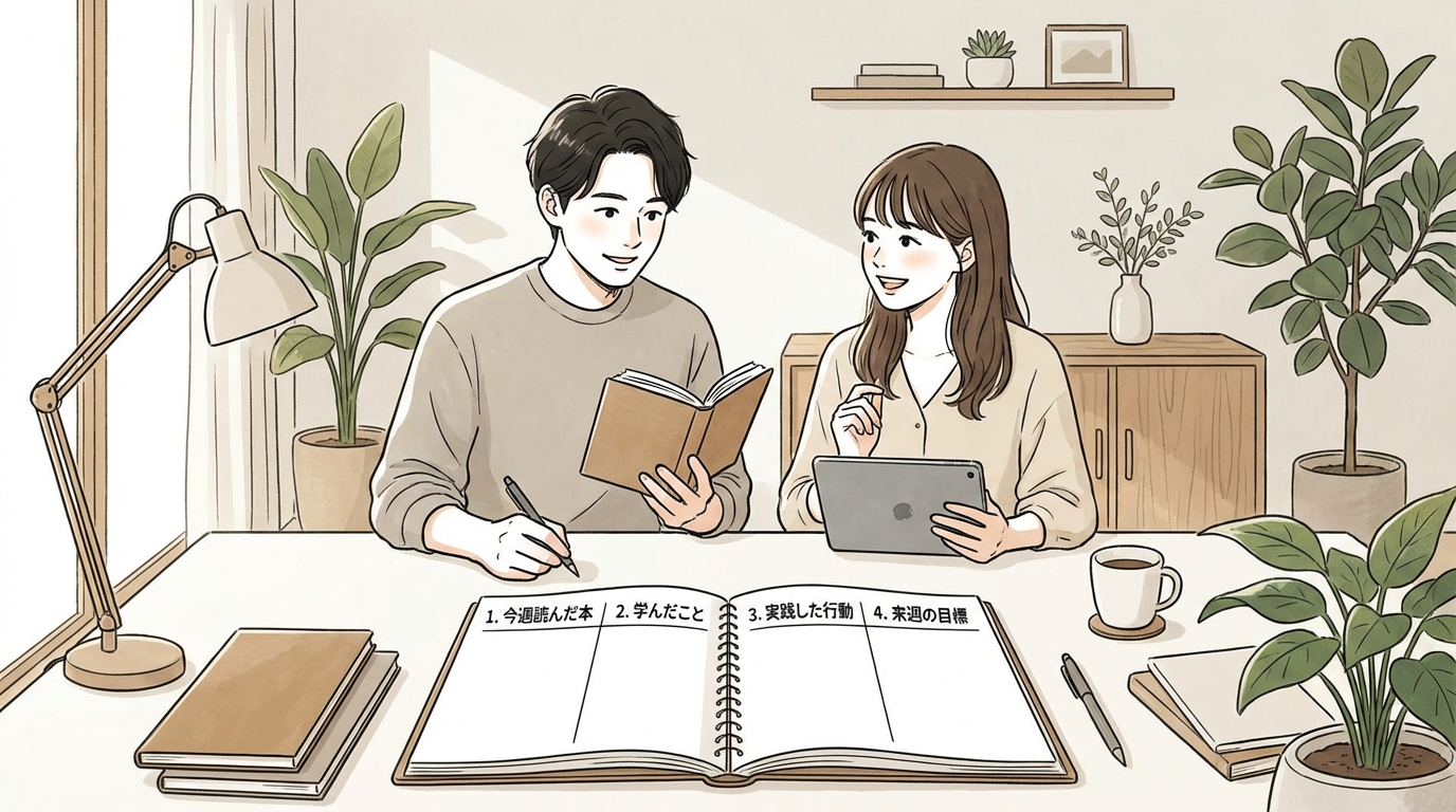 週次レビューテンプレート：「1. 今週読んだ本」「2. 学んだこと」「3. 実践した行動」「4. 来週の目標」の4欄が並ぶフォーマット