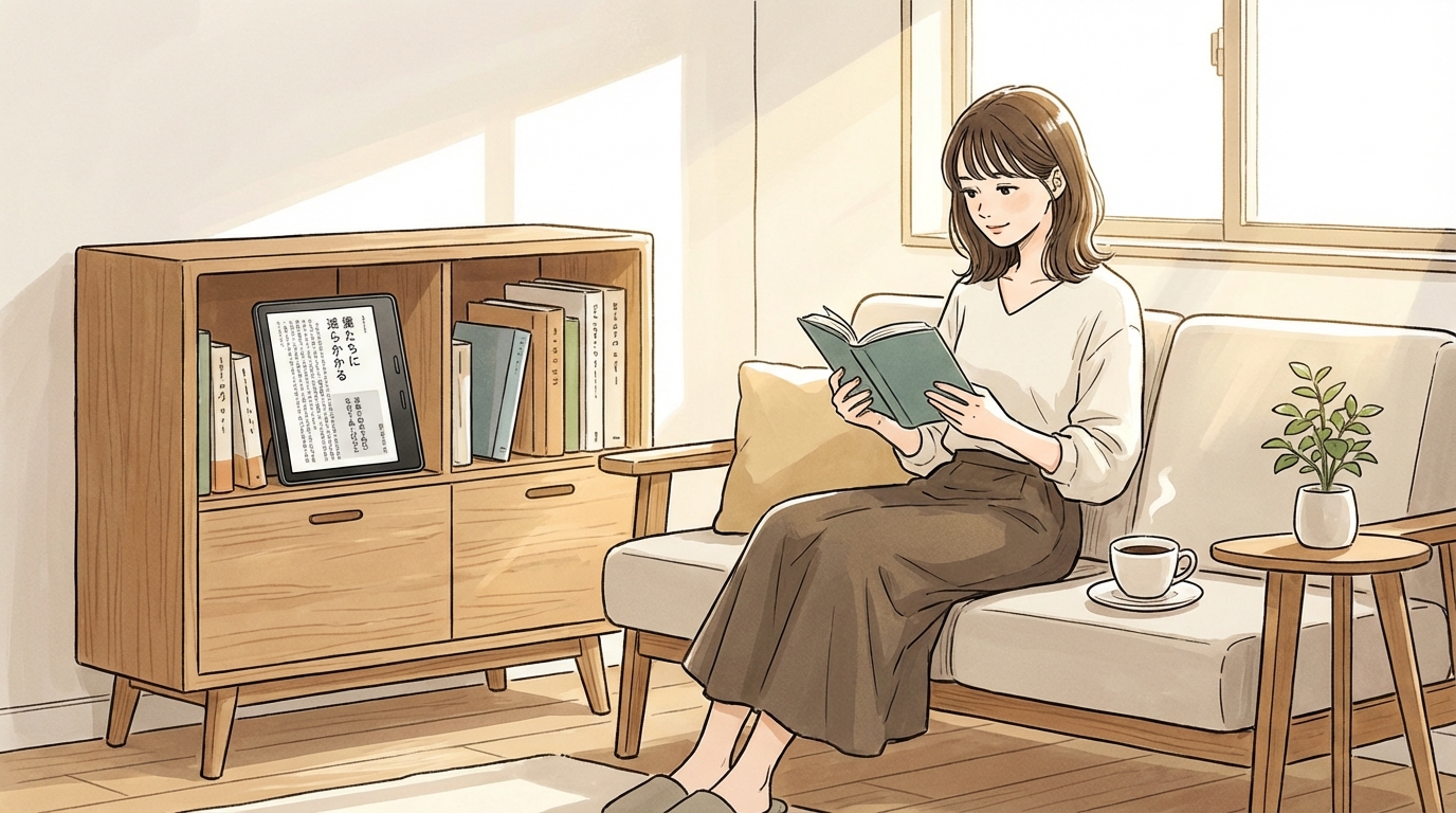 Kindleと紙の本が並んでいる本棚