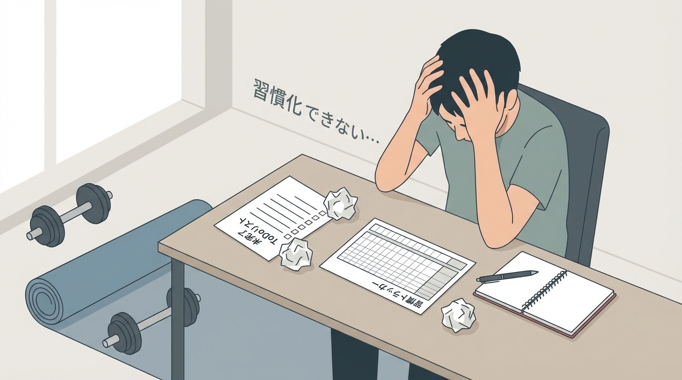 習慣化に挫折して頭を抱える30代ビジネスパーソン。デスクには未完了のToDoリストと習慣トラッカーが散らばっている