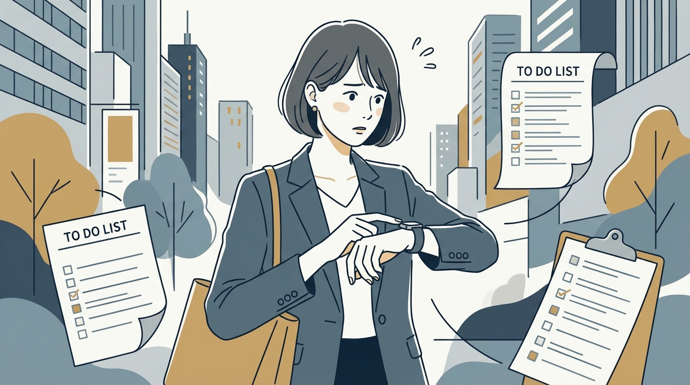 時間に追われる社会人女性が時計を見ているイラスト