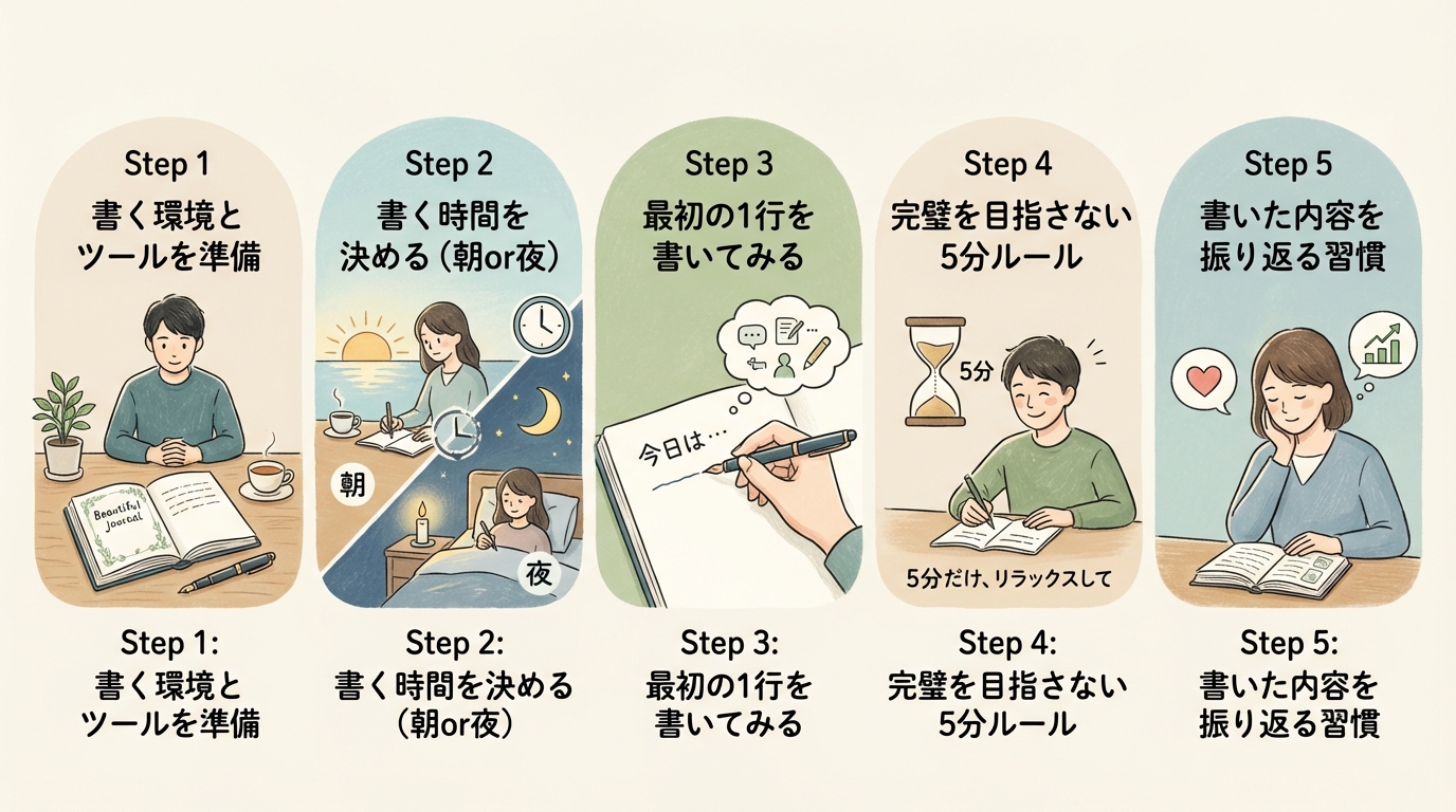 インフォグラフィック：ジャーナリングを始める5ステップ - 「Step1:書く環境とツールを準備」「Step2:書く時間を決める（朝or夜）」「Step3:最初の1行を書いてみる」「Step4:完璧を目指さない5分ルール」「Step5:書いた内容を振り返る習慣」