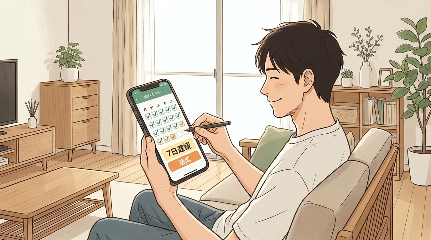 自宅のリビングでスマートフォンを使って筋トレの記録をつける男性。画面には習慣トラッカーのチェックマークが並び、達成感のある表情
