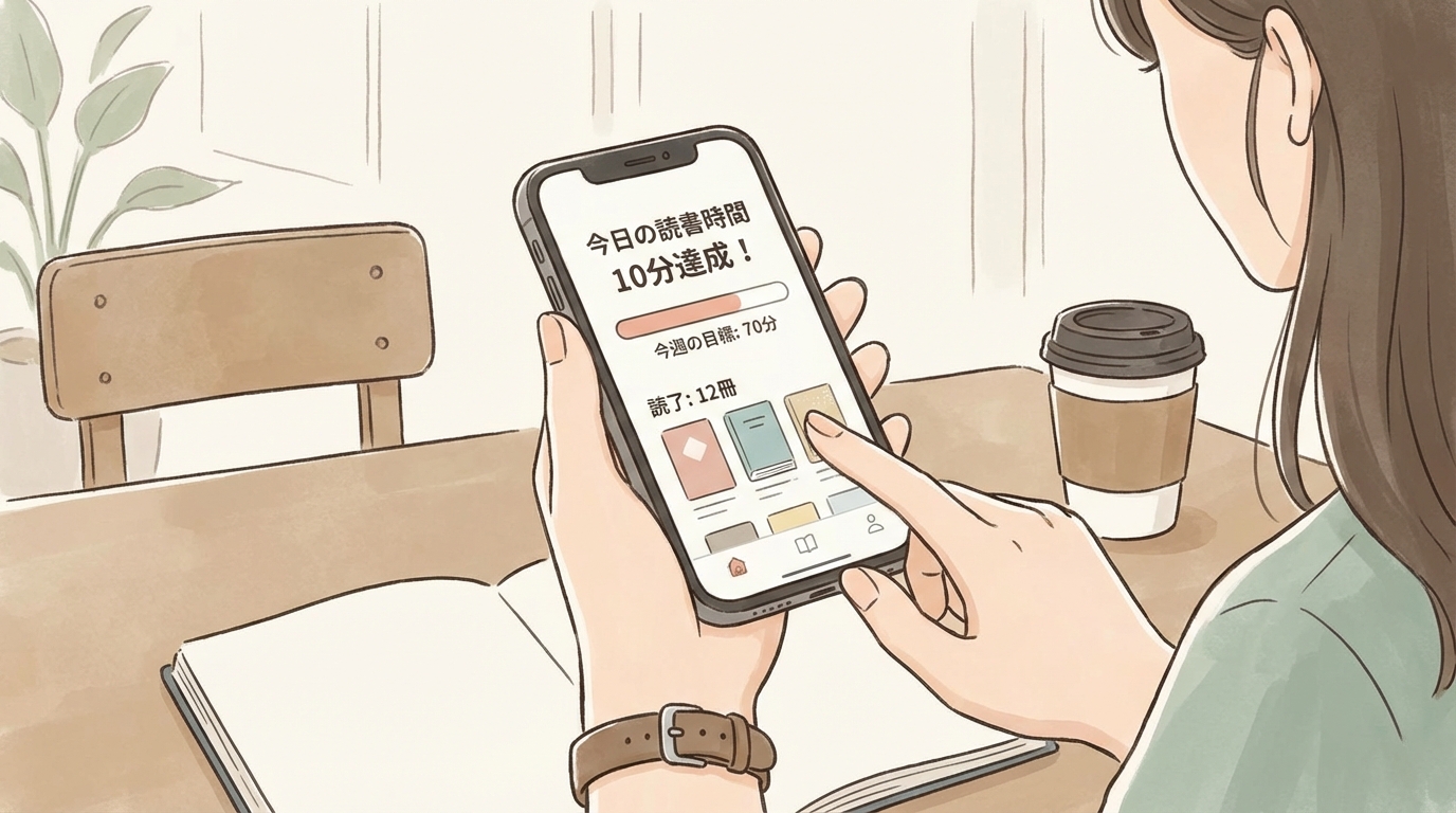 読書記録アプリの画面を見せているスマートフォン
