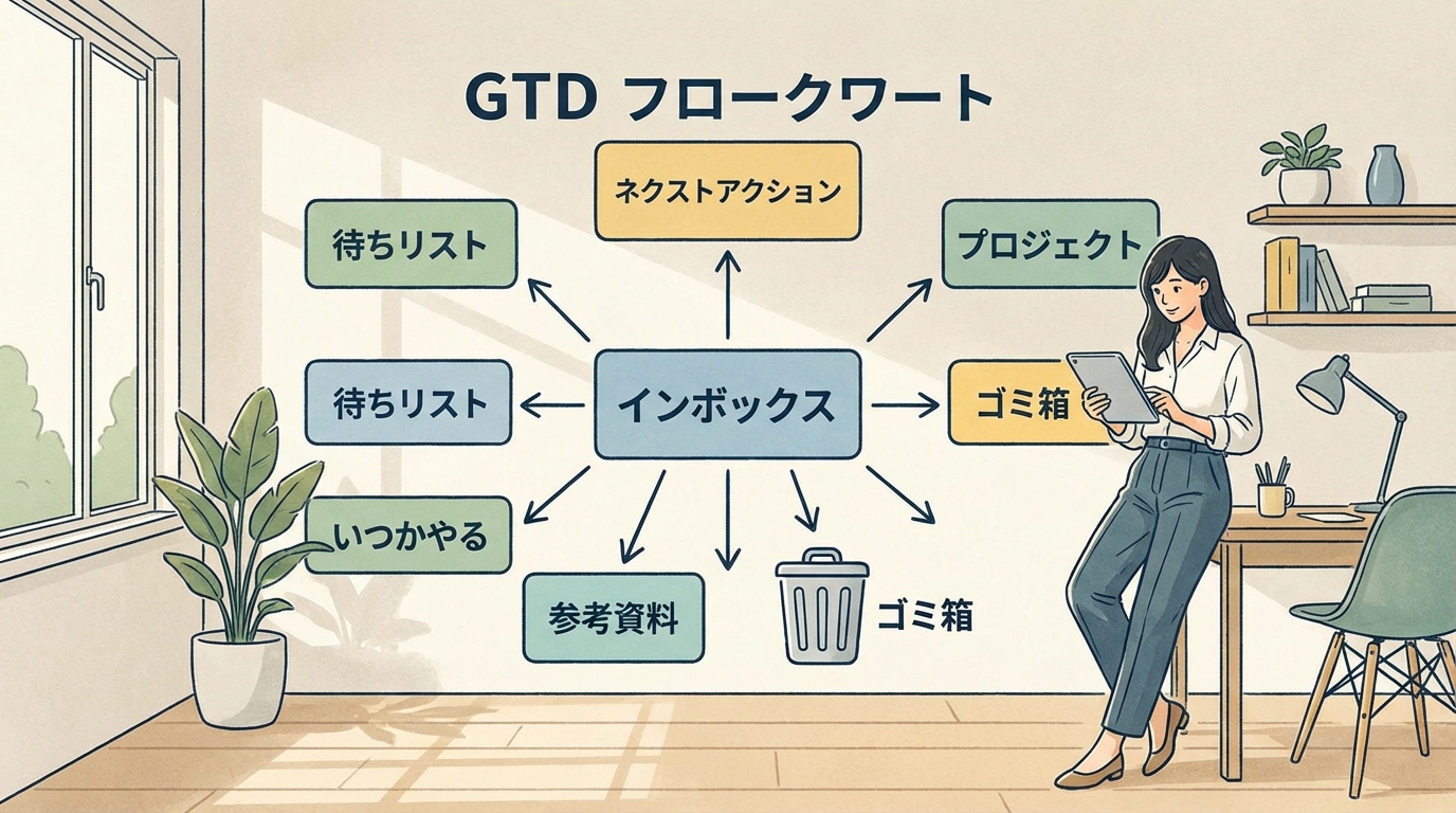 フローチャート：GTDのリスト構成 - 中央に「インボックス」から矢印で「ネクストアクション」「プロジェクト」「待ちリスト」「いつかやる」「参考資料」「ゴミ箱」に分岐