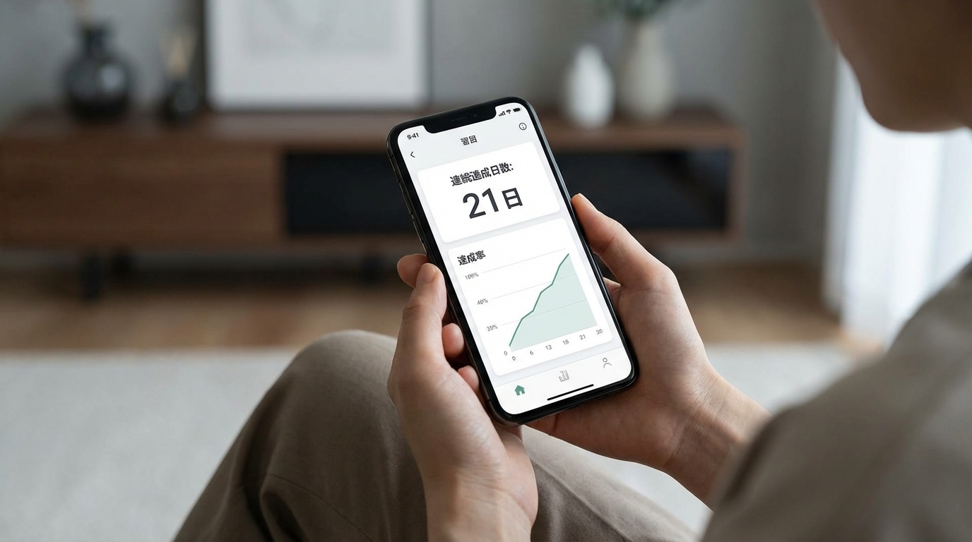 習慣トラッカーアプリの画面:連続達成日数「21日」と達成率のグラフが表示されたスマートフォンを持つ手元