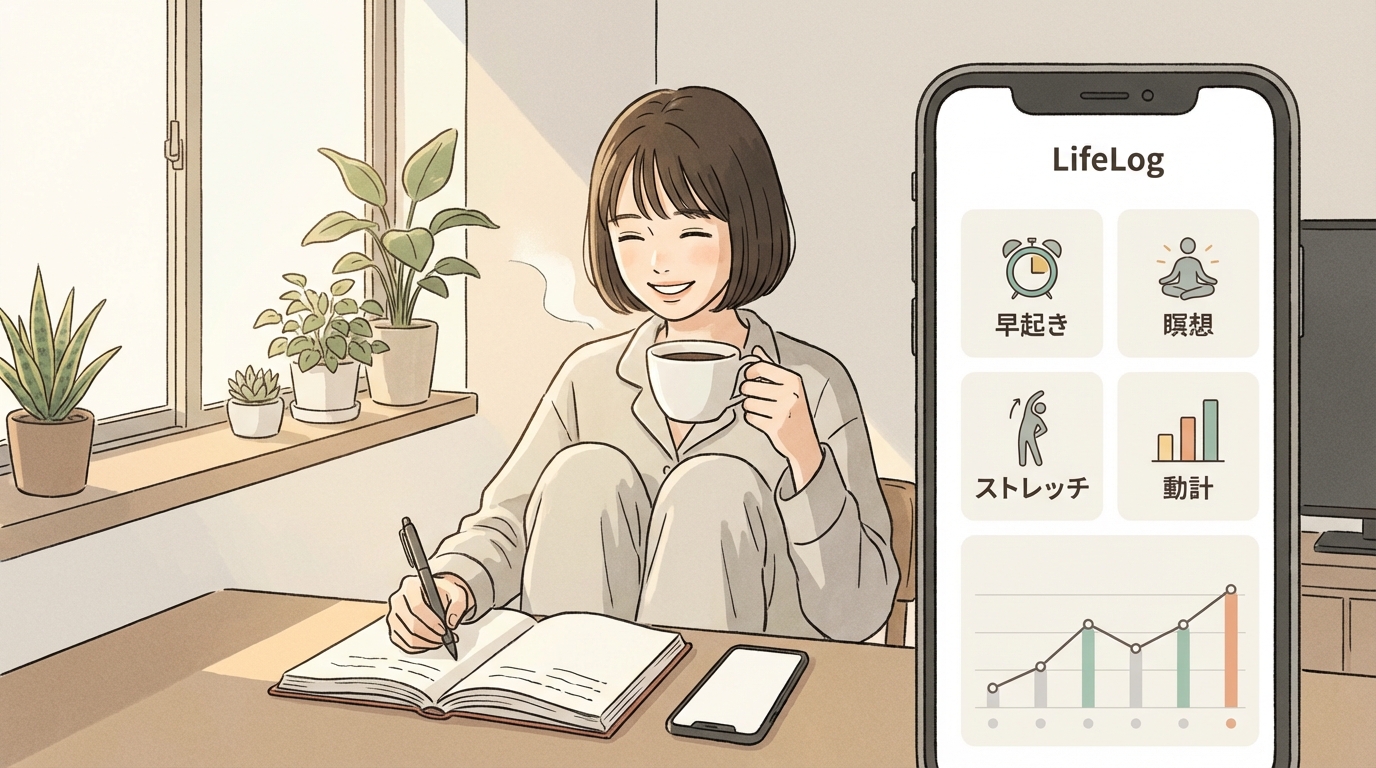 LifeLogアプリで習慣を記録している画面イメージまたは朝活を楽しむ笑顔の女性