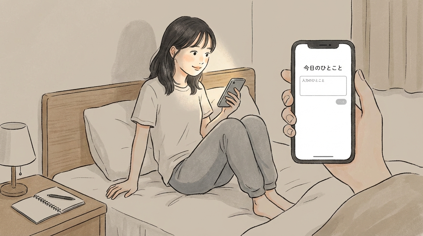 夜、ベッドサイドでスマートフォンを使って日記を書いている様子。画面には「今日のひとこと」と入力欄が表示されている