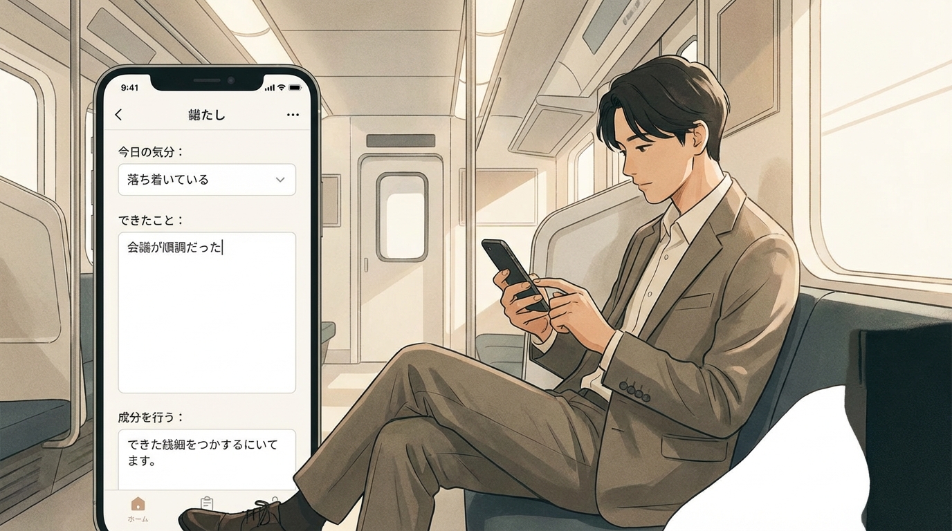 通勤電車の座席で、スマートフォンのジャーナリングアプリに今日の気持ちを入力しているビジネスパーソン