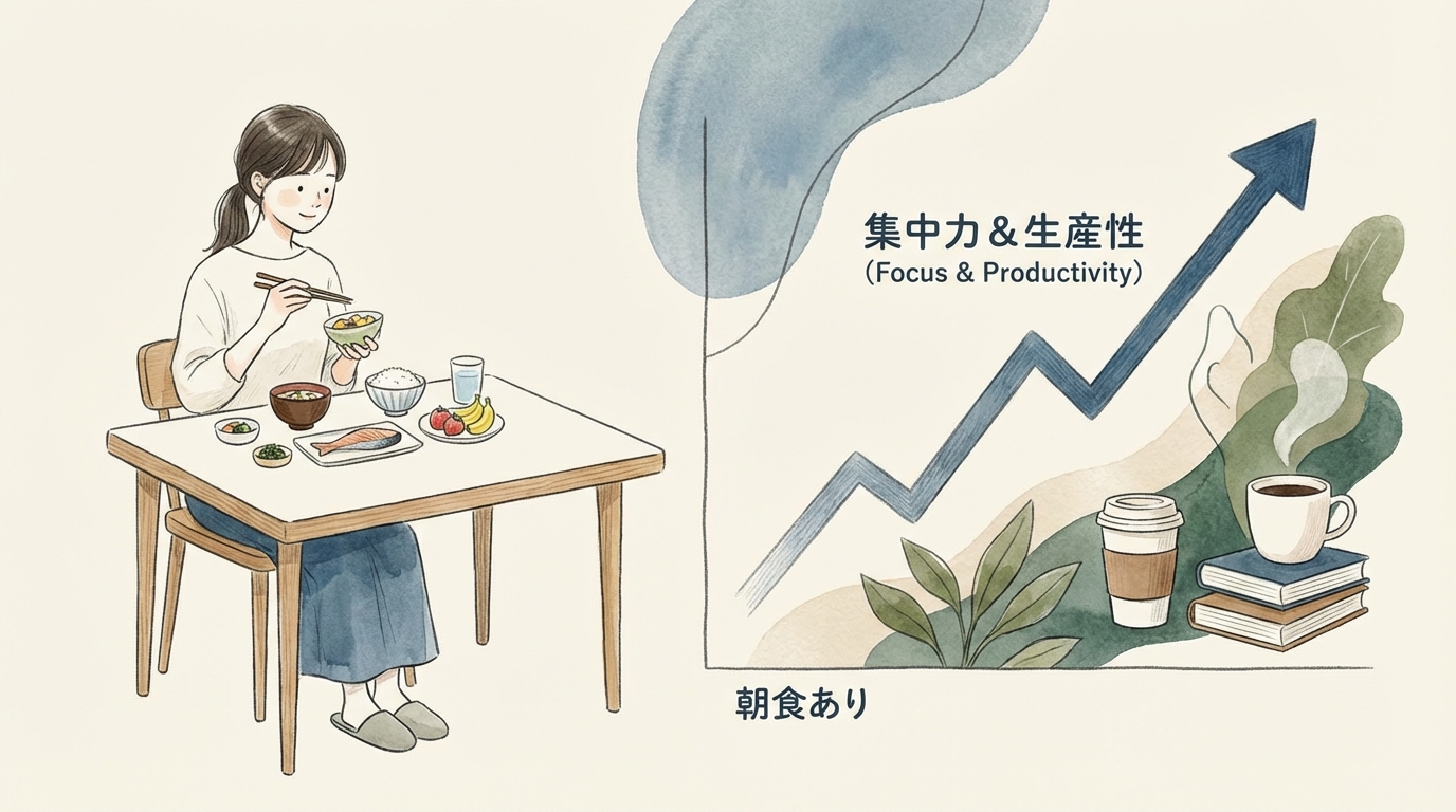 朝食とパフォーマンスの関係を示すグラフ風イラスト