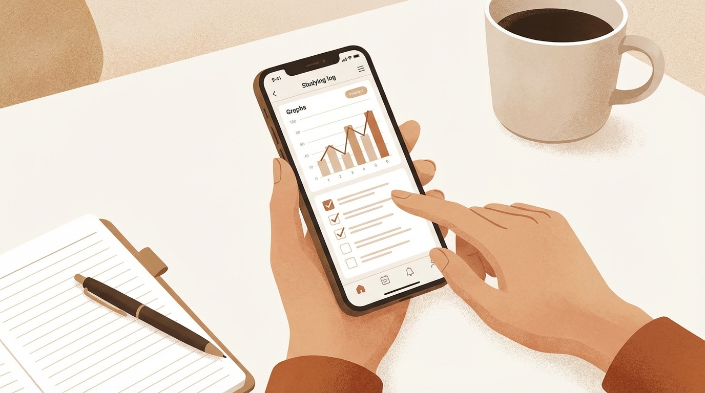 スマートフォンで勉強記録アプリを操作している手元