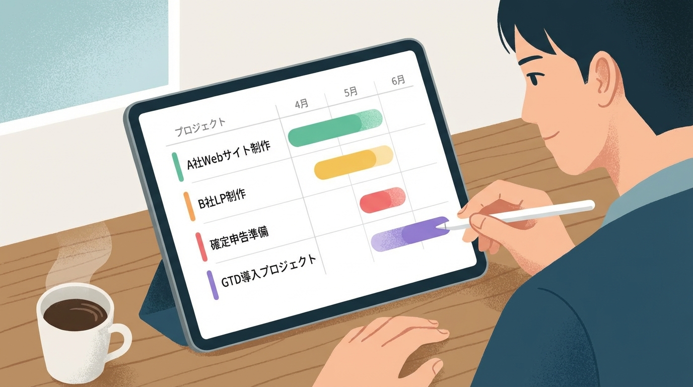 スクリーンショット：ガントチャート画面 - 横軸に日付、縦軸に「A社Webサイト制作」「B社LP制作」「確定申告準備」など複数プロジェクトが色分けされたバーで表示