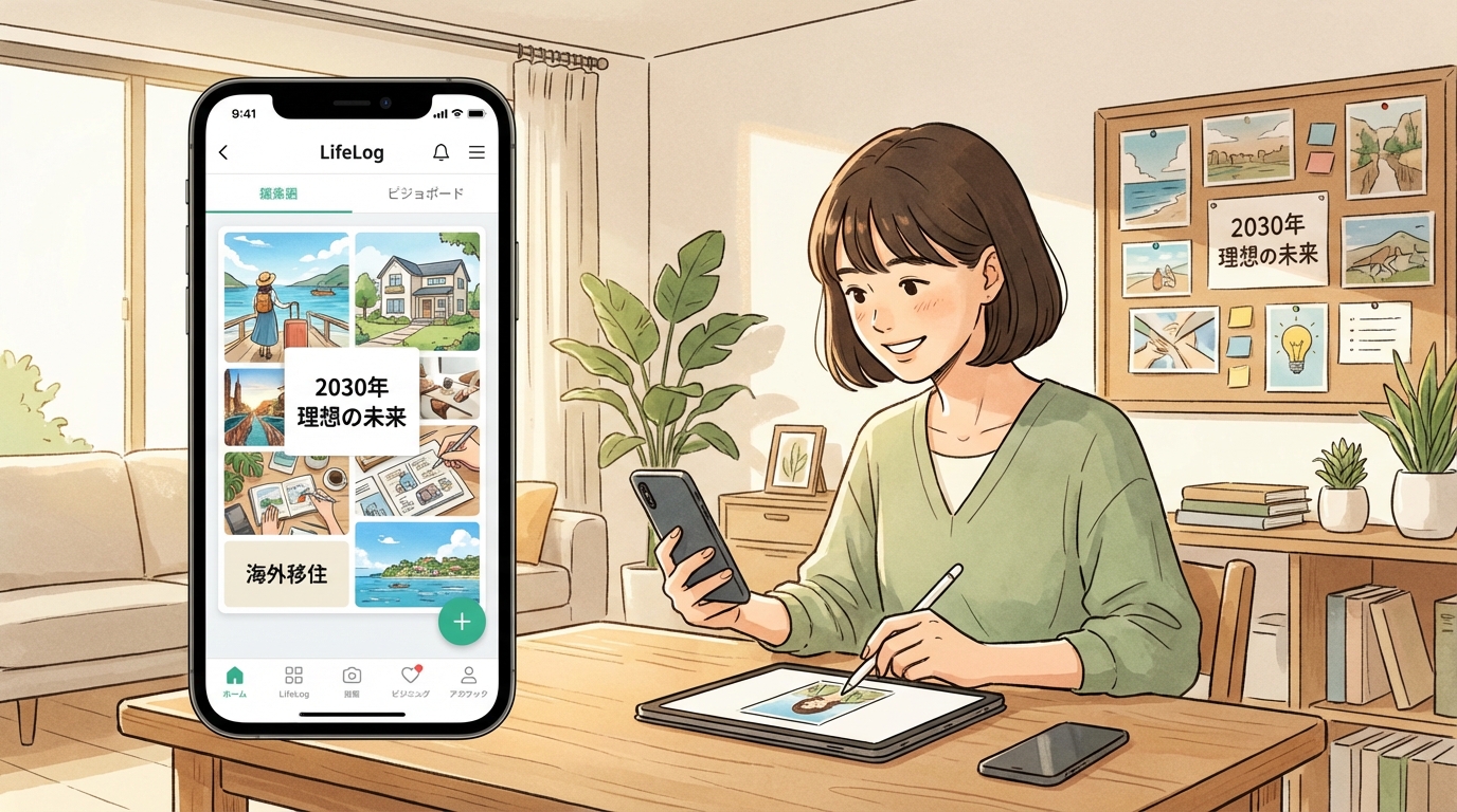 スマホでLifeLogアプリのビジョンボード機能を使っている様子