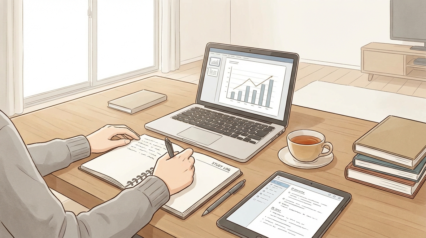 勉強ログをつけながら資格勉強をしている様子