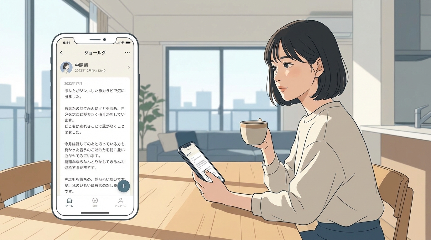 朝のコーヒーを飲みながらスマートフォンでジャーナリングする様子：習慣スタッキングの実践例