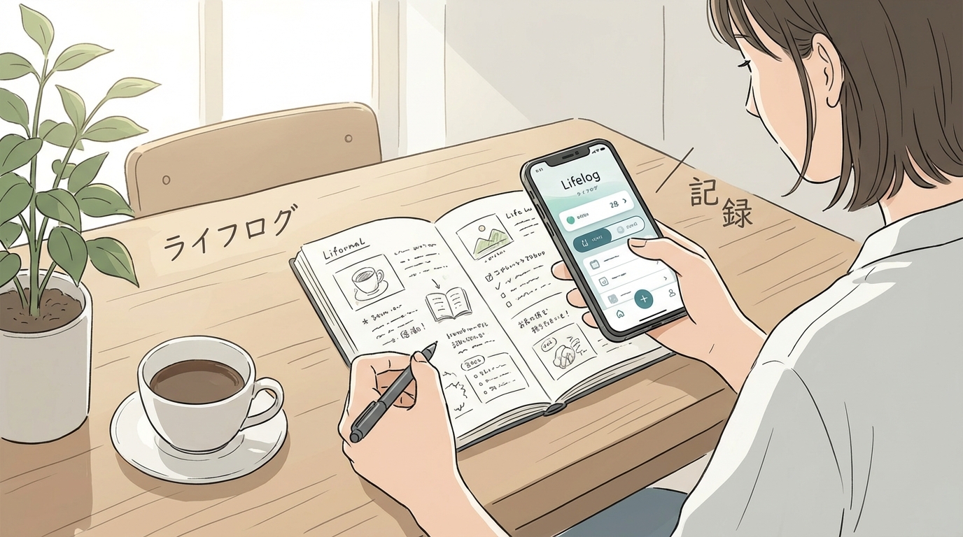 ノートとスマートフォンでライフログを記録している様子