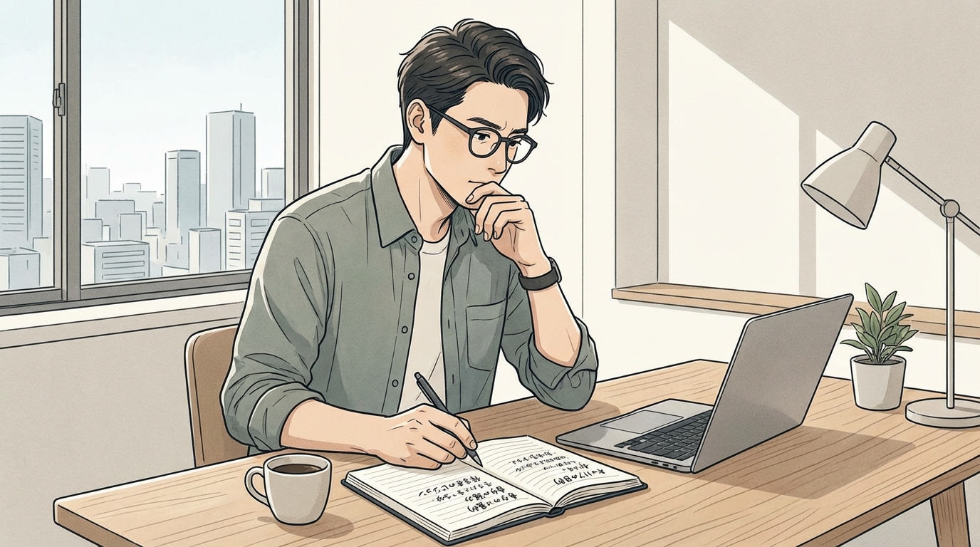 デスクでノートに書き込むビジネスパーソン：キャリアについて深く内省している様子