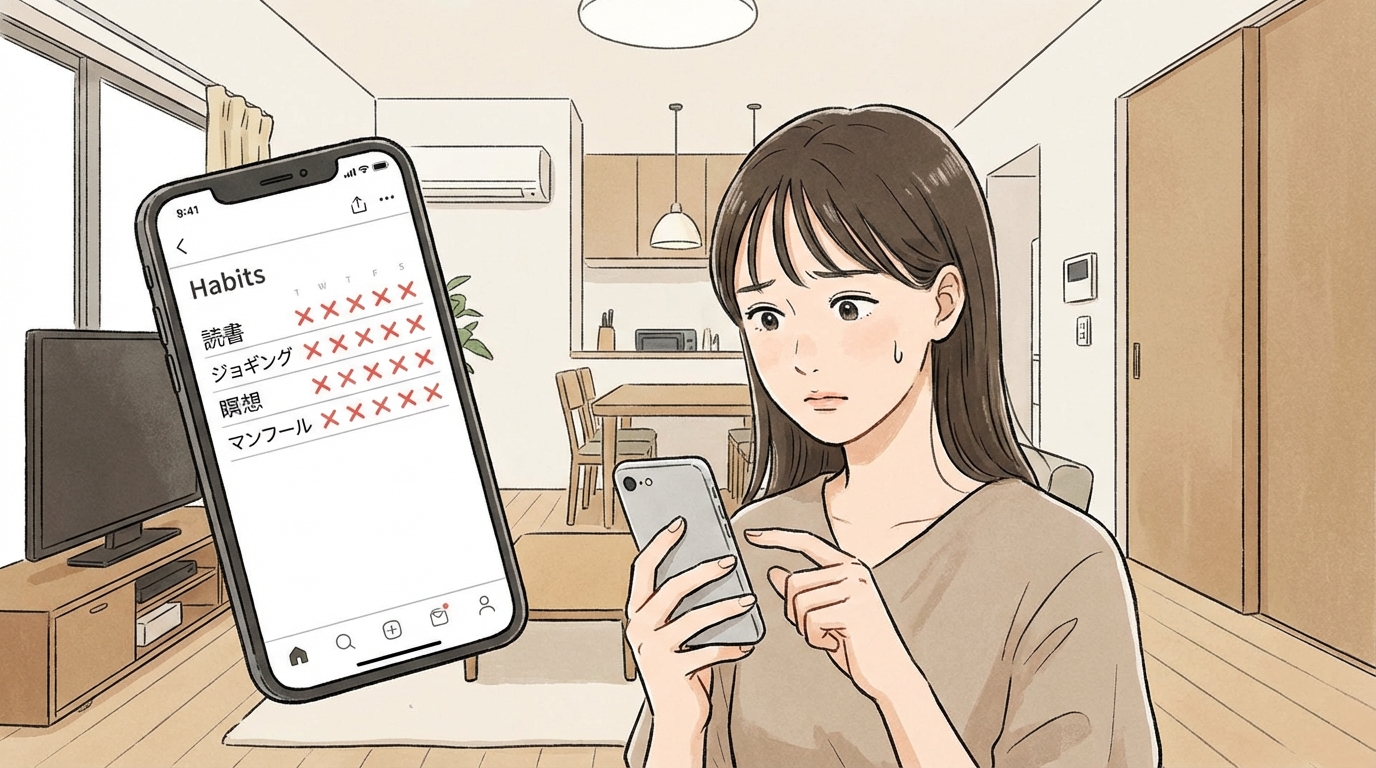 スマートフォンを見て困っている表情の人物イラスト:画面には習慣トラッカーアプリが表示され、複数の「×」マークが並んでいる