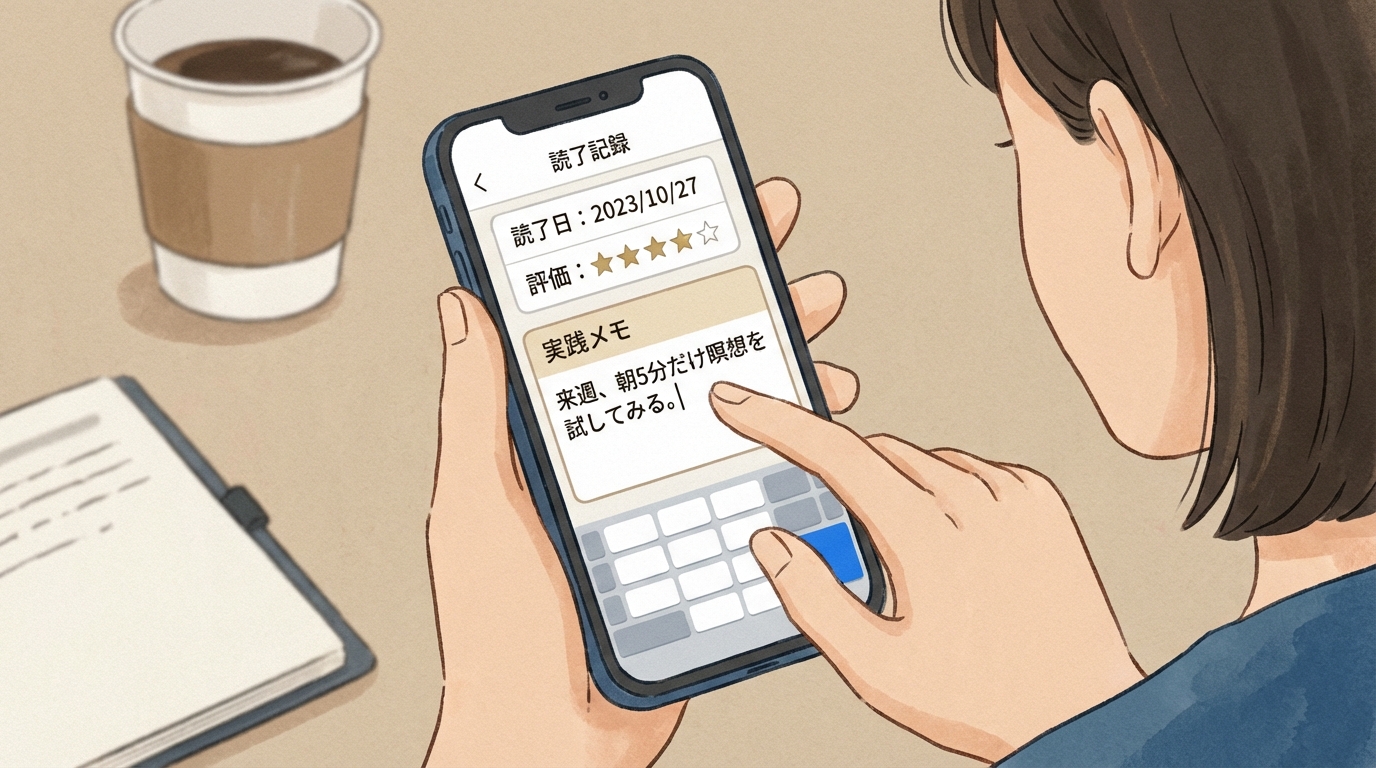 スマートフォンでLifelogアプリの読書記録画面を開き、「実践メモ」欄に入力している手元の様子