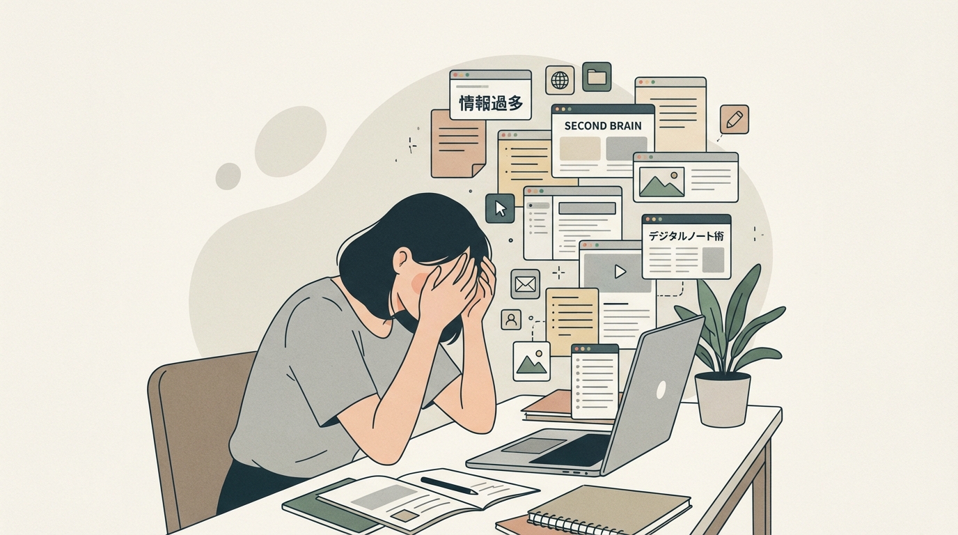 情報過多でパソコンの前で頭を抱える女性