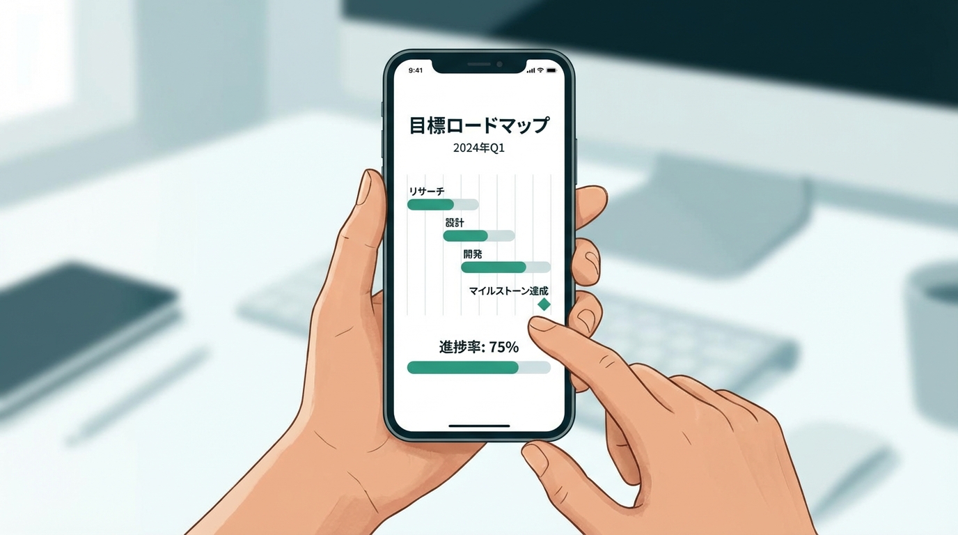 イメージ:スマートフォンで目標管理アプリを操作している手元、画面にはガントチャートと進捗率が表示されている