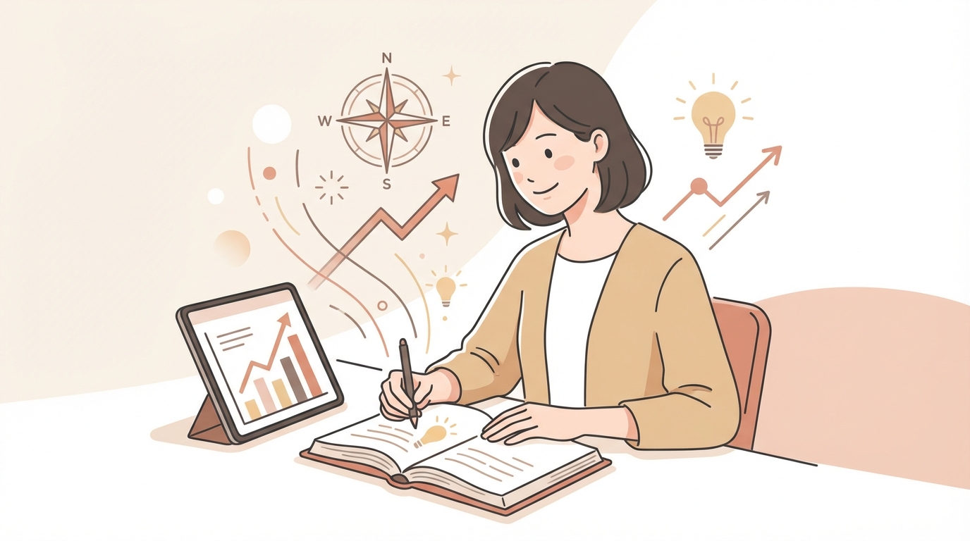 振り返りで自分の成長を実感している様子のイラスト