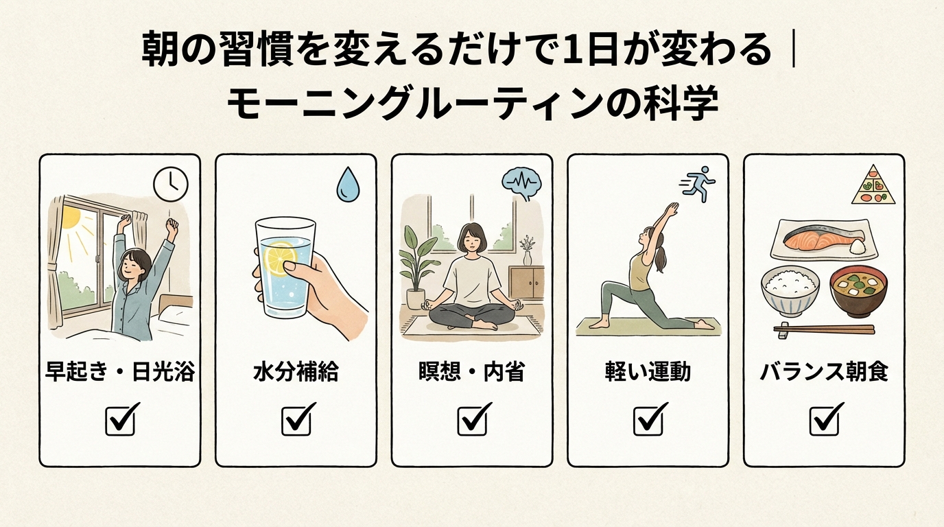 5つの朝習慣を示すチェックリスト風イラスト