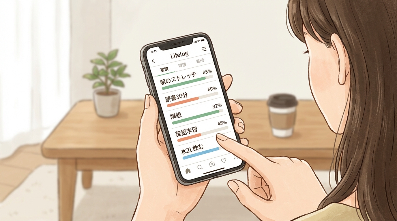 スマートフォンでLifelogアプリを操作している手元のイラスト:画面には習慣一覧が表示され、達成度がパーセンテージで表示されている