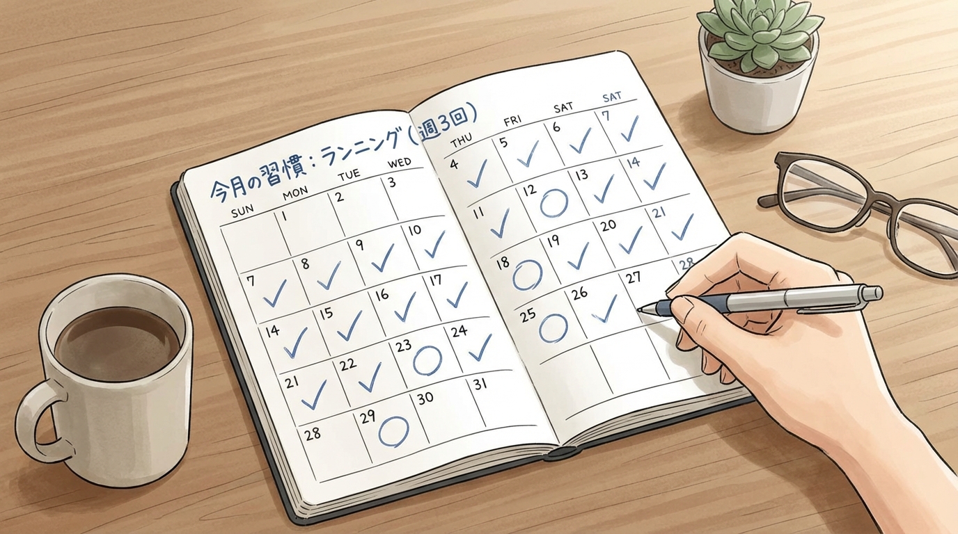 習慣カレンダーの記録例:「週3回」の目標に対してチェックマークがついた月間カレンダー。完璧でなくても継続できていることを示す