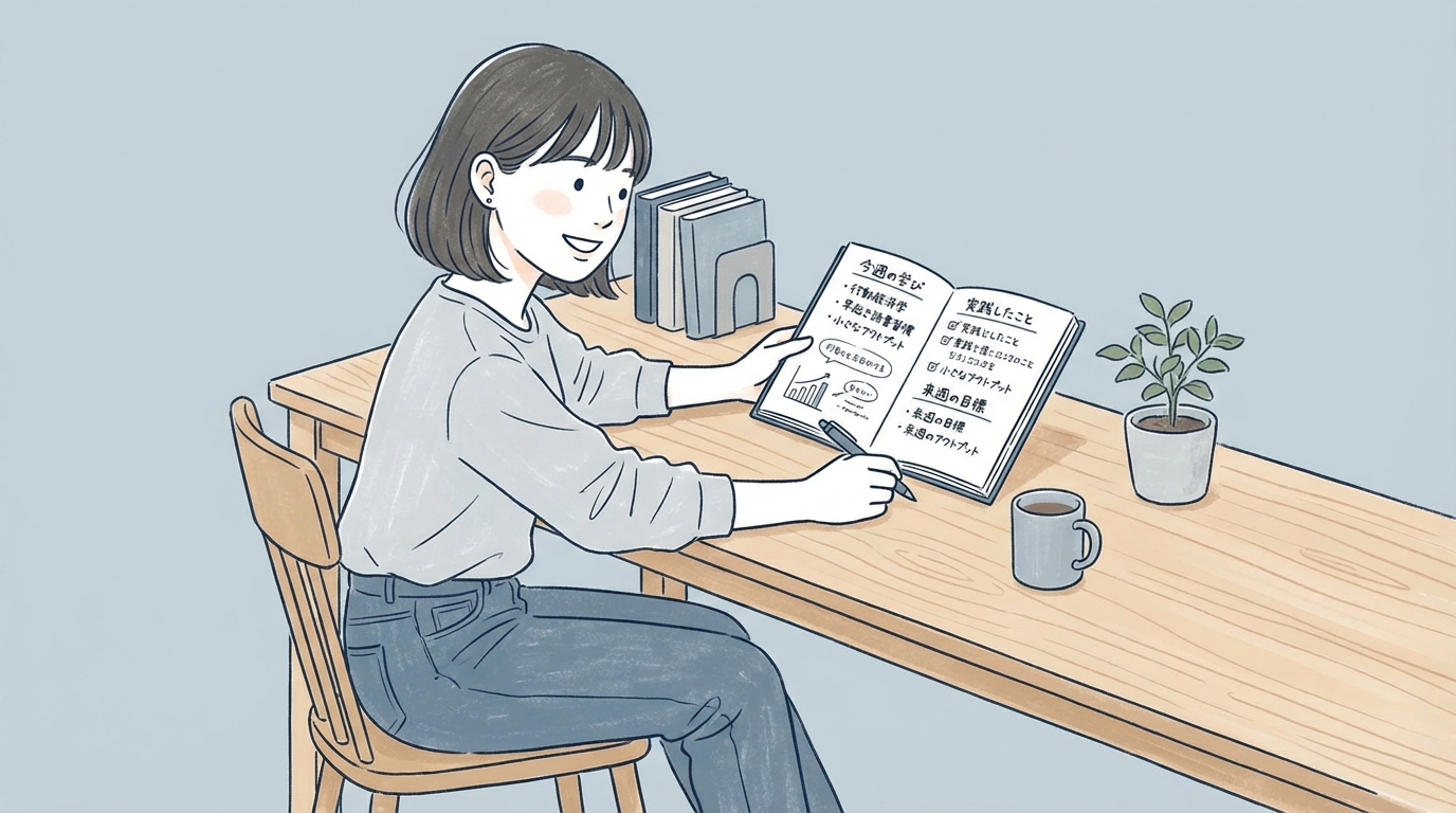 デスクに読書ノートを広げ、「今週の学び」「実践したこと」「来週の目標」の3項目を振り返っている様子