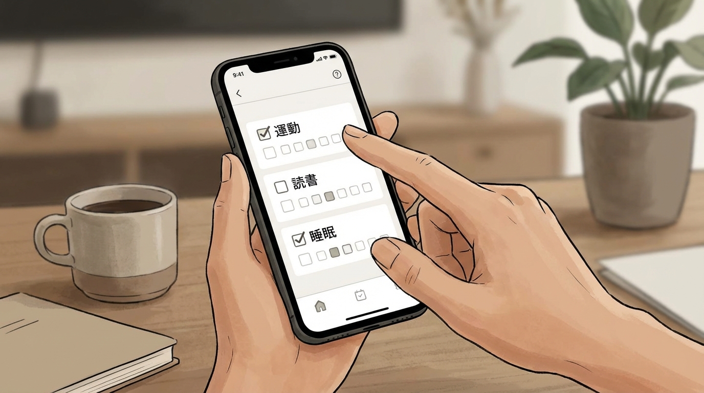 スマートフォンで習慣トラッキングアプリを操作する手元