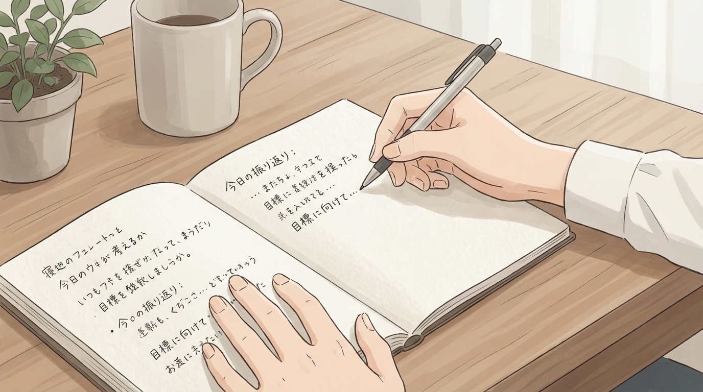 ノートに振り返りを書いている手元のイラスト